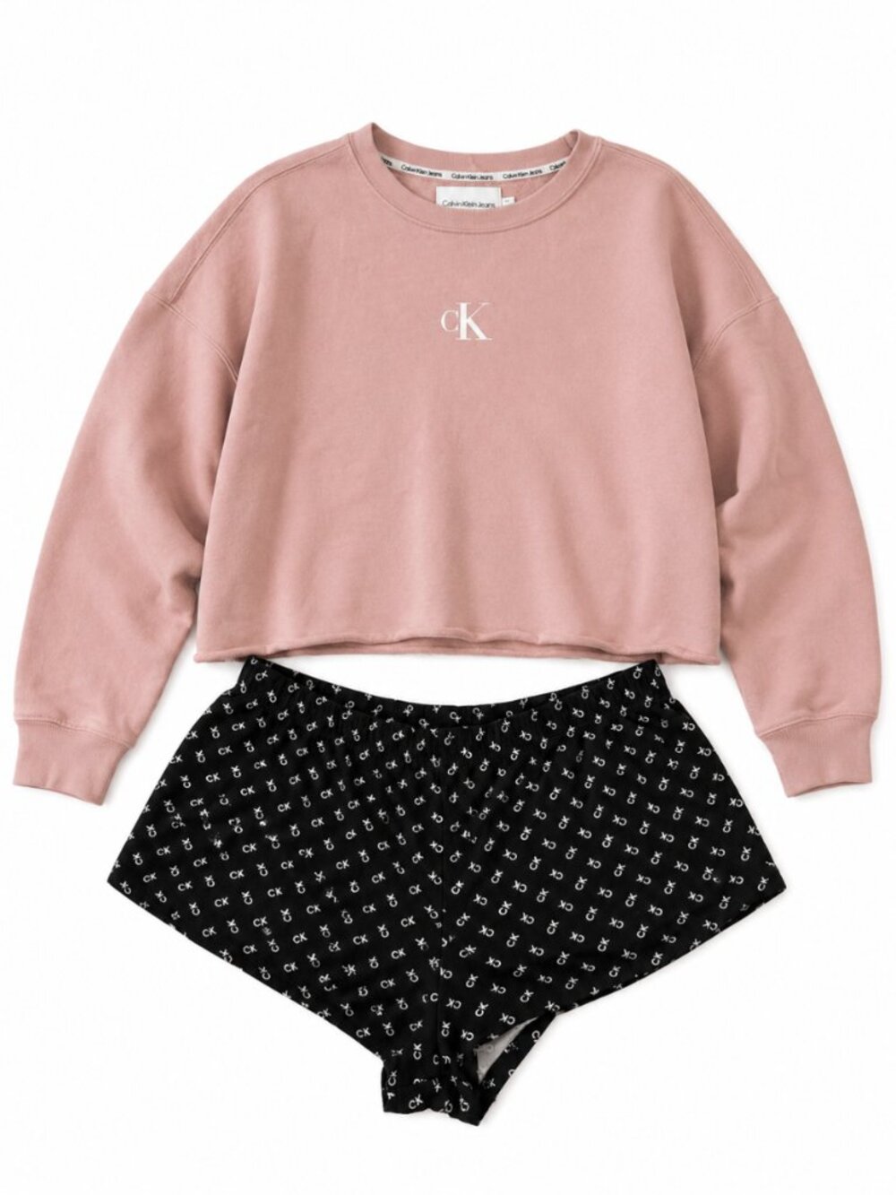 Calvin Klein Jeans Pink Cropped Sweatshirt & CK Sleepwear Shorts Set Size XL